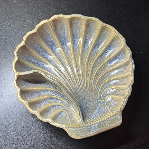 Nautical Shell Pottery Chip and Dip Dish Handmade Blue and Tan - Picture 3 of 3